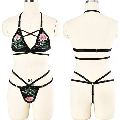 Lace Embroidery Flower Hollow Out Adjustable Cage Bra Bandage Harness Belt Sexy Lingerie Women Pole Dance Rave Gothic G-string
