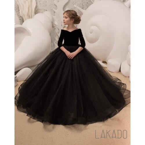 Cute Black Princess Ball Gown Kids Pageant Dress with Elegant Half Sleeves for Flower Girls Age 10 11 12