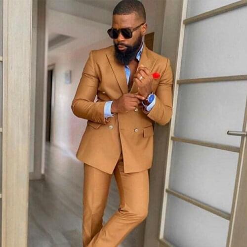 Double Breasted Wedding Suits for Men Slim Fit Brown Groom Tuxedo 2 Piece Jacket with Pants Male Fashion Costume 2021