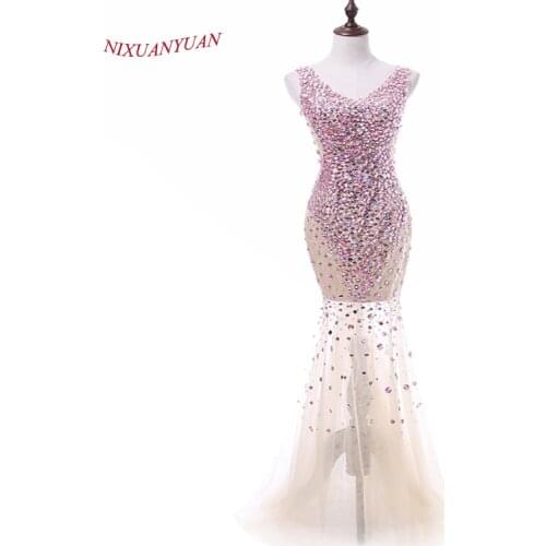 NIXUANYUAN 2017 New Custom Made Luxury Crystal Prom Dress 2017 Mermaid Tulle See Through Sexy Party Dress Real vestidos de baile