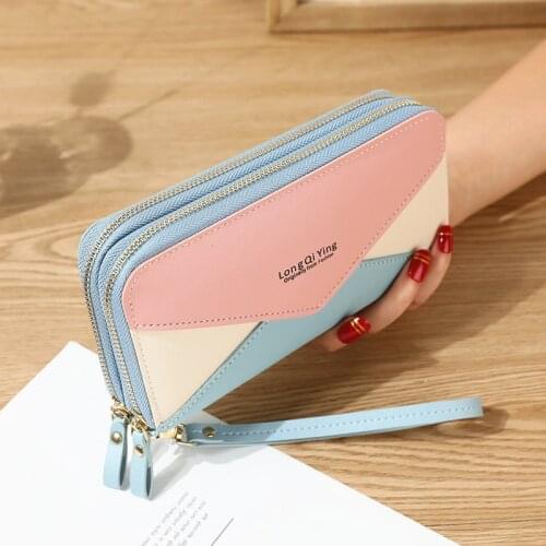 New Double Zipper Hand Wallet Womens Long Stitching Contrasting Color Large Double Layer Wallet Mobile Phone Pouch