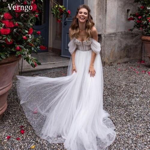 Verngo New Sweetheart Off the Shoulder Wedding Dress 2021 Detachable Sleeves Ruched Tulle Elegant A Line Bride Bridal Gown