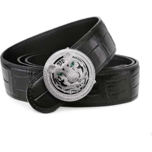LINSHE New alligator leather belt mens genuine luxury brand tiger head smooth buckle leather belt with diamond belt