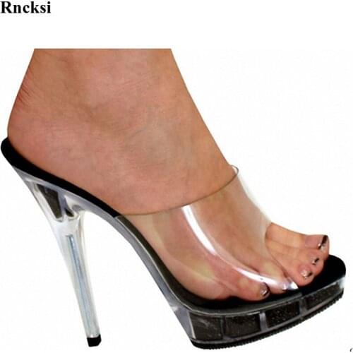 Rncksi New Flash powder Crystal Thin heels Big Size Slippers 13CM High heels Novelty Cross dressing 5 inches Sexy Womens shoes
