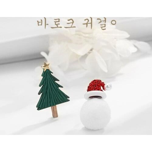Retro Snowman and Tree Christmas Asymmetric Earrings for Women Girls Unique Shiny Rhinestone Drop Earrings Statement Jewelry