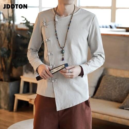 JDDTON Men Cotton And Linen Solid Shirts Long Sleeve Chinese Style Loose Male Cross-dress Shirt Casual Slim Fit Streetwear JE148