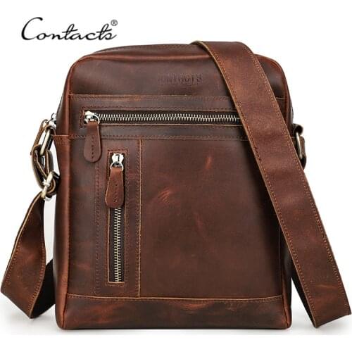 CONTACTS Mens Handbag Crazy Horse Leather Men Shoulder Bag Retro Messenger Bag for 7.9" iPad Brand Designer Male Crossbody Bag