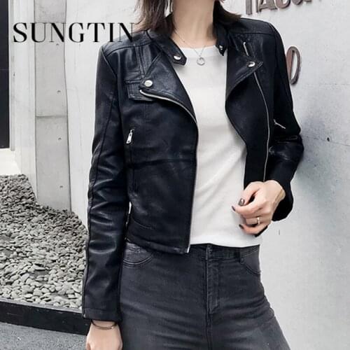 Sungtin Cropped Faux Leather Jacket for Women Zipper Casual PU Motorcycle Jacket Streetwear White Short Outwear 2021 New Fashion