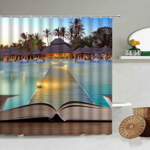 Seaside Resort Pier Wooden Bridge Natural Scenery Waterproof Shower Curtain Mediterranean Style Bathroom Screen Home Decoration
