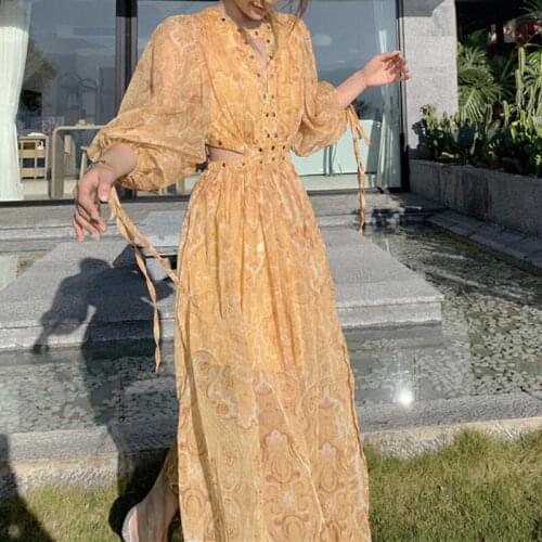WKFYY Bohemian Beach Chiffon Yellow Flower Print Lantern Sleeve Rivet Hollow Out Lace Up Maxi Floor-Length Dress Party D4100