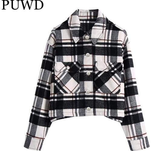 PUWD Slim Women Short Plaid Shirt Jacket 2021Autumn/Winter High Waist Streetwear Retro Temperament Pocket Leisure Female Outwear