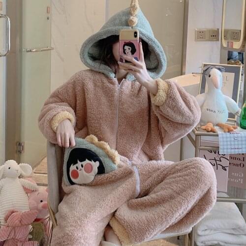 Women Sleepwear One-Piece Cartoon Winter Pajamas Nonopnd Plush Hooded Nightgown Loose Version Plus Size