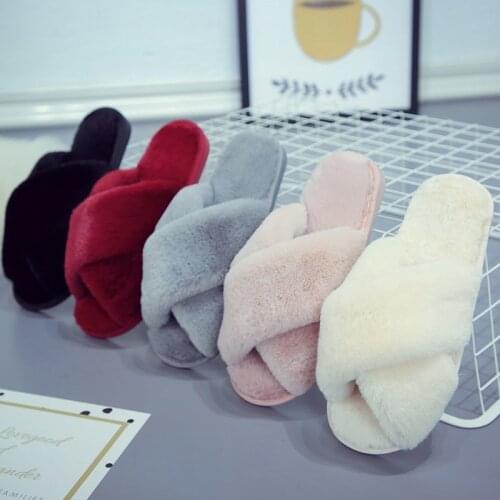 Women Fur Slippers Home Cross Open-toed Outer Wear Fur Fur Slippers Flat-bottomed Cotton Slippers Non-slip Warm Cotton Slippers