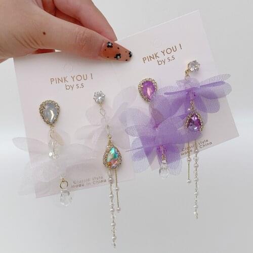 Punk Vintage Y2K Chiffon Crystal Petal Tassel Pendant Earrings for Women Metal Geometric Earrings Fashion Jewellery 90s Gifts