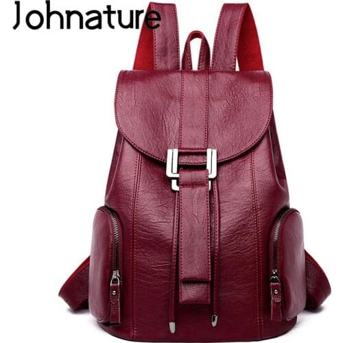 Johnature 2021 New Simple Leather Backpack Leisure All-match Women Bag Large Capacity Travel Bags Fashion Solid Color Backbags