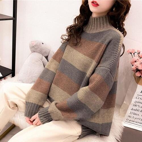 Women Long Sleeve Mock Neck Color Block Turtleneck Sweater Female Autumn Winter Loose Knitwear Pullovers Jumper