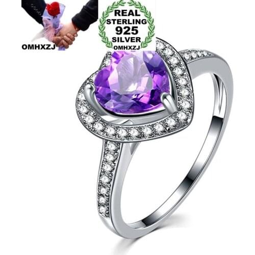 OMHXZJ Wholesale European Fashion Woman Girl Party Wedding Gift White Purple Amethyst AAA Zircon 925 Sterling Silver Ring RR210