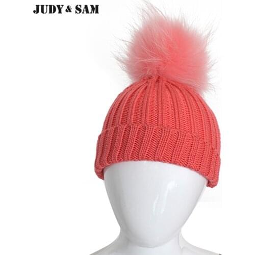 100% Merino Wool Baby Hat 2 Colors Kids Winter Beanie Cap With Real Raccoon Fur Pompom Knitting Hat For Girls