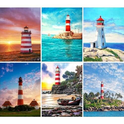 Diamond Painting Full Square Round Landscape Cartoon Lighthouse Ocean 5D DIY Embroidery Cross Stitch Mosaic Kit Home Decoration