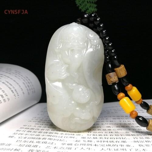 CYNSFJA Real Rare Certified Chinese Hetian White Jade Amulet God of Longevity Hand Piece Jade Carving Master Artworks Best Gifts