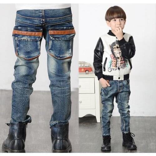 Boys pants jeans 2019 Fashion Boys Jeans for Spring Fall Childrens Denim Trousers Kids Dark Blue Leather Pockets Designed Pants