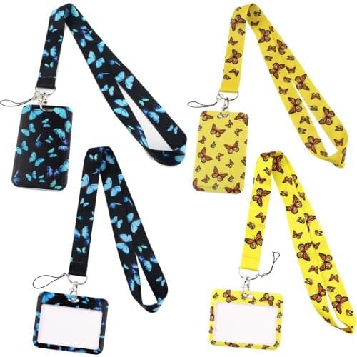 ER747 Blue Yellow Monarch Butterfly Lanyard Card Holder Child Hanging Neck Mobile Phone Lanyard Badge Subway Access Card Holder