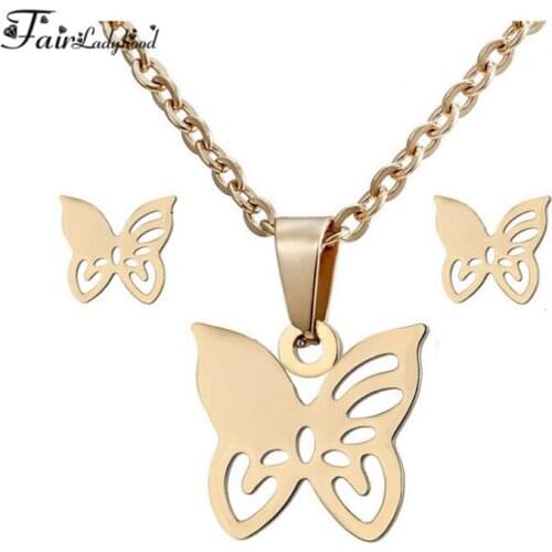 Fairladyhood Cute Butterfly Sweater Chain Necklace and Cute Butterfly Earrings Custom Stainless Steel Jewelry Set