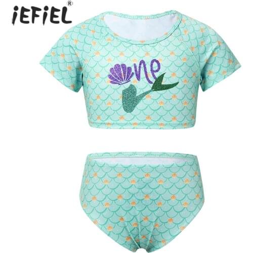 Mermaid Tail Print Girls Swimsuit Summer Fashion Cute Kids Two Pieces Bathing Suit Crop Tops with Bottoms Beachwear for 6-14Year