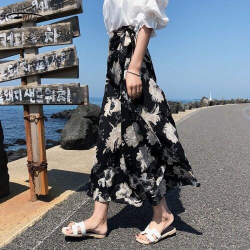 Summer Chiffon Skirt Solid A-line Skirt Print Floral Lace-up High Waist Woman Beach Skirts Wrap Chic Tall Jupe Femme 10011