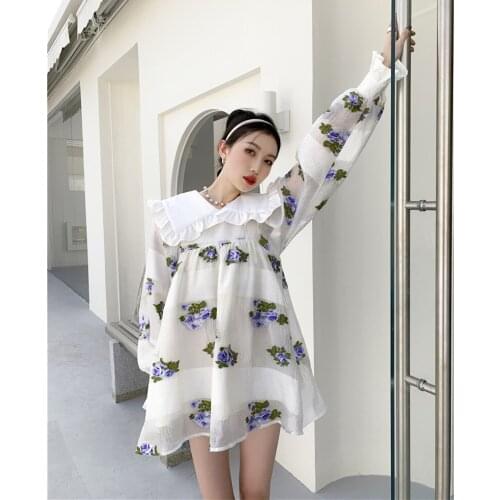 Fashion Cute Doll Collar Dress Womens 2021 New Embroidery Perspective Mini Puffy Party Chic Fairy Dress Women
