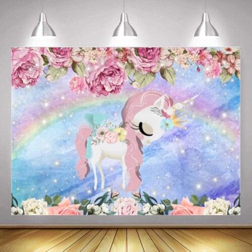Cute Cartoon Unicorn Rainbow Flower Studio Photography Background Cloth Girl Birthday Party 3D Children Photo Digital Backdrop