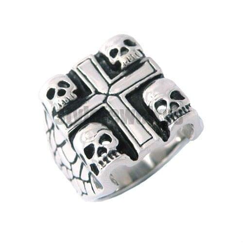 Fashion Four Skulls Cross Ring Stainless Steel Jewelry Cool Ghost Skull Biker Men Boy Ring SWR0006A