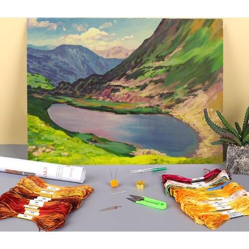 Landscape Mountain Lake Printed Water-Soluble Canvas 11CT Cross Stitch DIY Embroidery Kit DMC Threads Knitting Decor