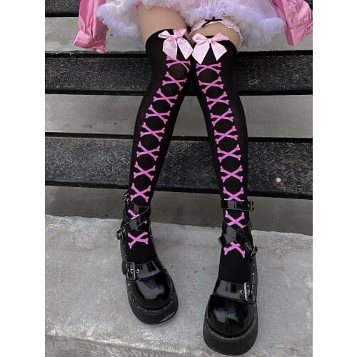 Girls Bone Bow Socks Streetwear Long JK Socks Girls Black Sweet Cute Pink Harajuku Lolita Knee Socks Long Thigh High Stockings