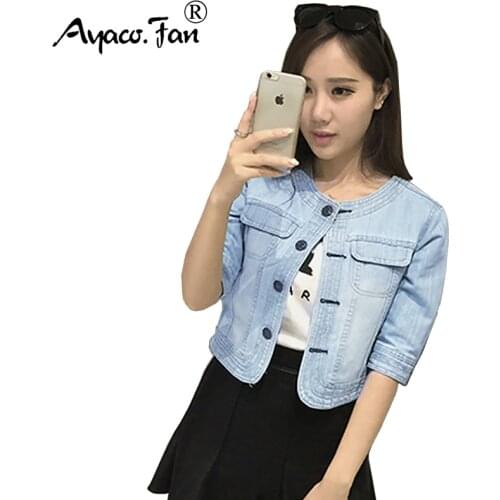 New 2019 Spring Summer Women Short Denim Jacket Coat for Girls Student Lady Slim Jackets Fashion Half Sleeve O-Neck Outerwear