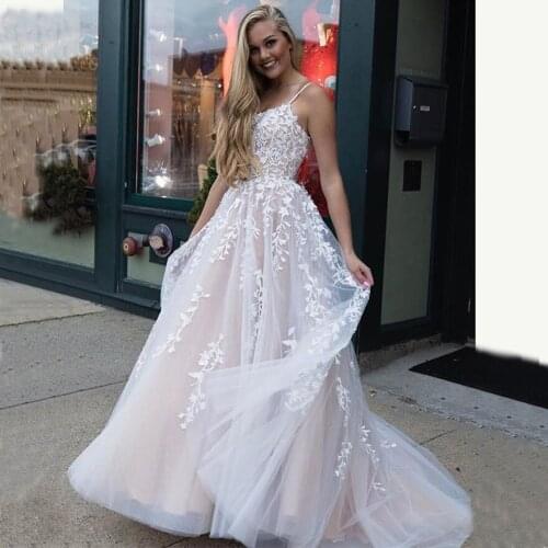 Spaghetti Straps Bateau Neckline Leaves Pattern Lace Embellished A-line Nude Lining Evening Prom Dress Pageant Gown Runway Dress