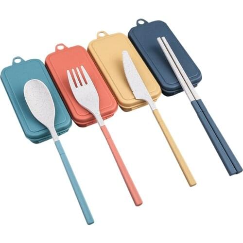 Wheat Straw Detachable Type Portable Cutlery Tableware Set with Case Dinnerware Kitchen Fork Spoons Knives Set 4Pcs