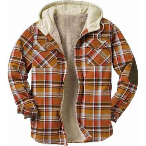 2021 Autumn Winter Thick Mens Shirts Orange Red Casual Plaid Shirt Men Jacket Warm Fleece Shirt with Hood Plus Size 4XL