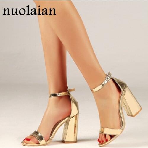 10CM Gold High Heels Sandal Shoes Women Ankle Strap Patent Leather Sandals Woman High Heel Shoes Summer Open Toe Pump Shoe Pumps