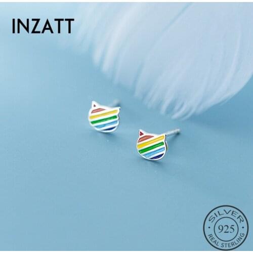 INZATT Real 925 Sterling Silver Rainbow Cat Stud Earrings For Fashion Woman Cute Fine Jewelry MInimalist Accessories Gift