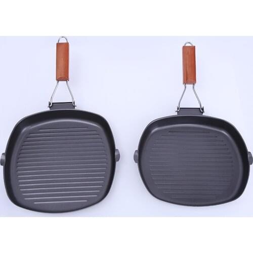Multipurpose Steak Frying Pan, Cast Iron Non Stick Grill, Deep Square Griddle Pan with Folding Wooden Handles Cooking Pans