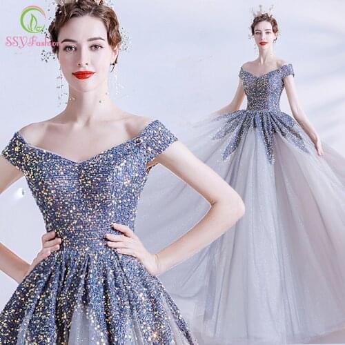 SSYFashion New Luxury Sequins Evening Dress Banquet Elegant Boat Neck A-line Shining Long Prom Formal Gowns for Women Vestidos