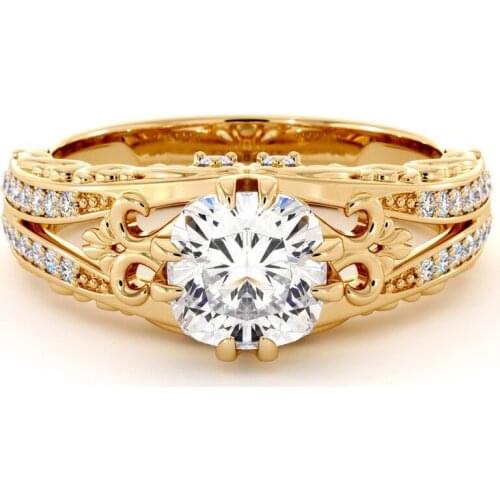 Vintage Gold Color Engraving Hollow Inlaid Crystal Zircon Ring for Women Party Jewelry Female Hand Accessories Size 5-11
