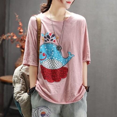 Ethnic T-shirt Summer 2021 Fish Print Loose Vintage Short Sleeve Large Size Artistic Top Women Clothing Tshirt