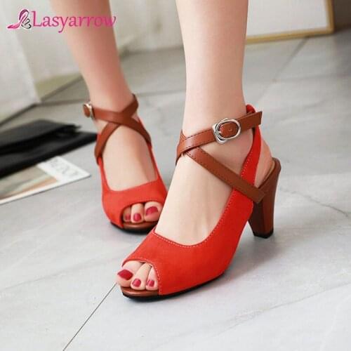 Lasyarrow 2020 new arrive women sandals peep toe summer shoes buckle leopard high heel sandals ladies party shoes big size 48