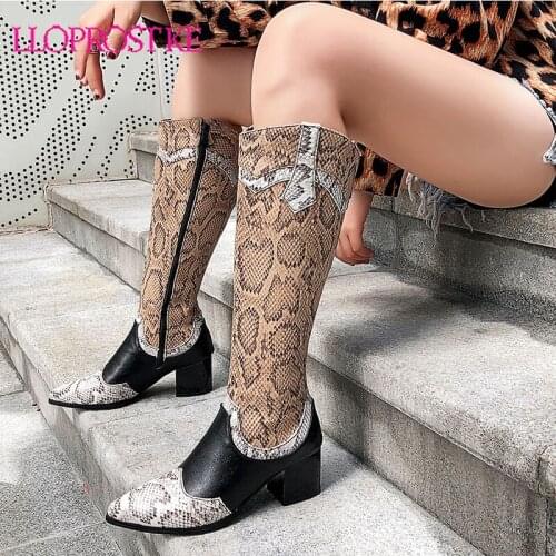Lloprost ke size 34-48 fashion knee high boots pointed toe mixed colors ladies prom boots thick high heels autumn winter boots