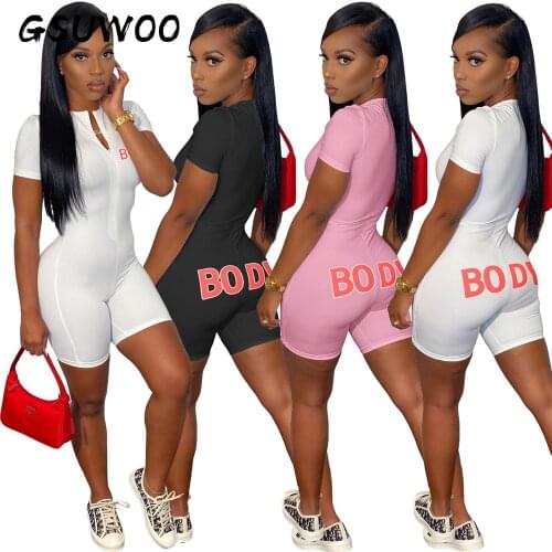 GSUWOO Womens Short Sleeve Zipper Playsuit Summer Body Letter Print One Pieces Rompers Sexy Female Skinny Short Jumpsuit S-XXL