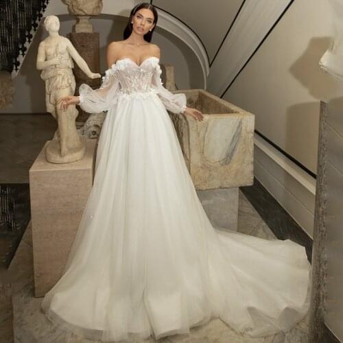 Eightree White Off Shoulder Glitter Wedding Dress Women A-Line Flower Applique Tulle Long Sleeve Bridal Gown Dresses Custom Size