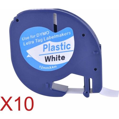 10 Compatible Dymo LetraTag 91201 Black on White Plastic Label Tapes 91201 91221 59422 S0721660 LT100H