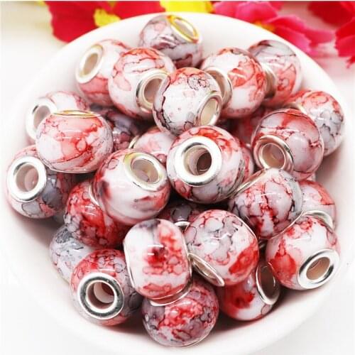 20Pcs 16mm Round Loose Spacer Beads Big Hole European Glass Beads Charms Silver Plated Fit Pandora Bracelet Women DIY Jewelry